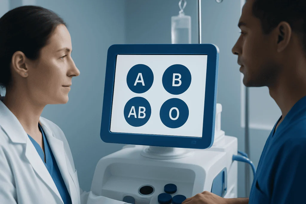 Medical professionals discussing blood types with blood type chart display.