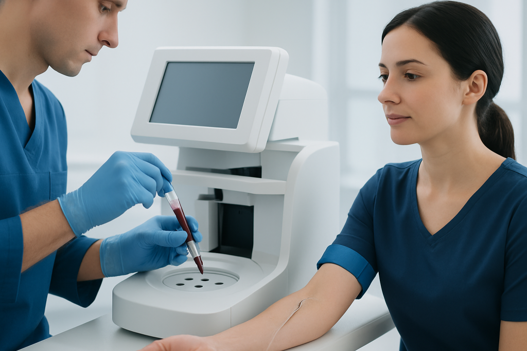 Medical professional drawing blood from a patient in a clinical setting.