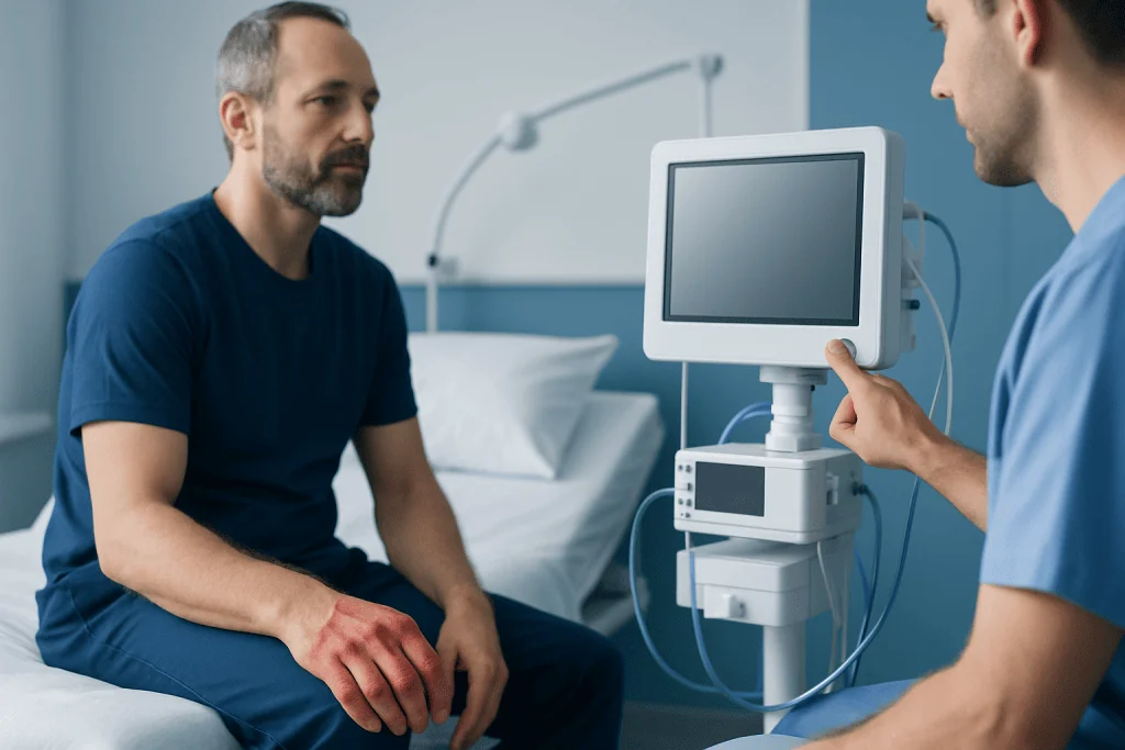 Doctor examines patient's injured hand in hospital room.
