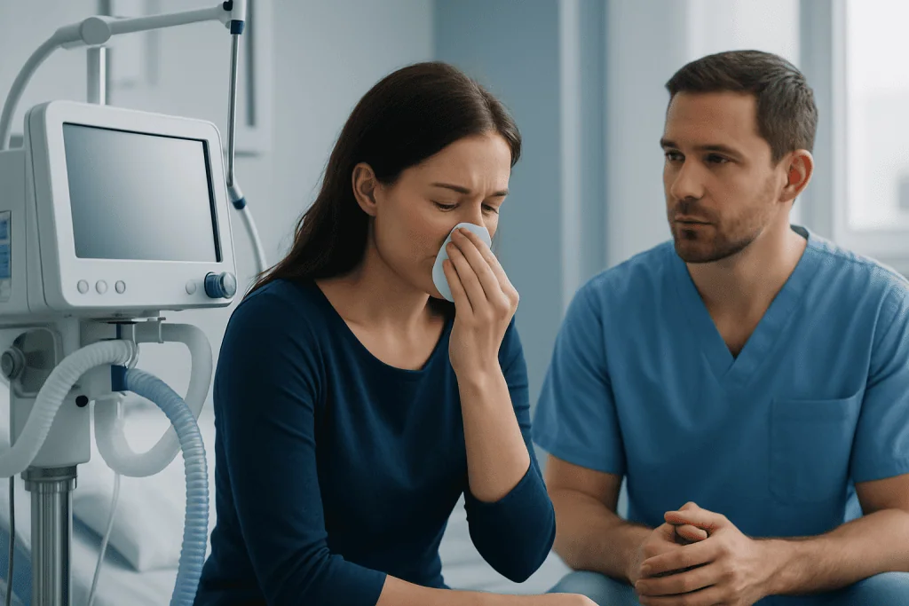 Woman with nasal bleeding consulting a doctor in hospital.