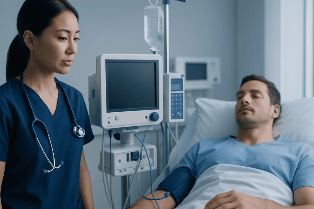 Healthcare professional monitoring patient in hospital room with medical equipment.