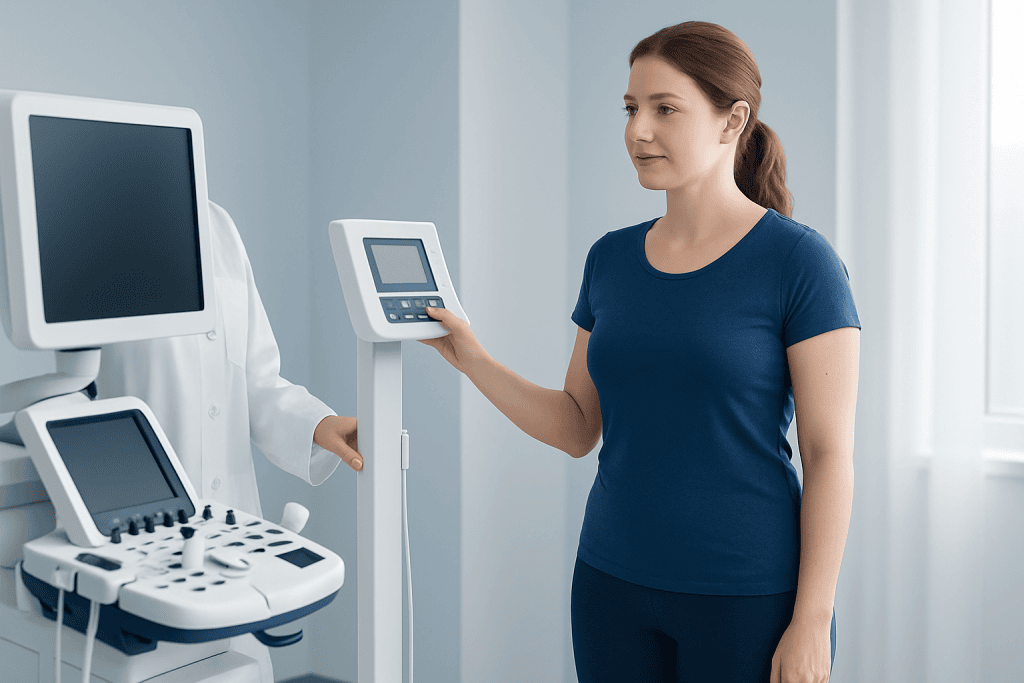 Woman undergoing a medical checkup with ultrasound equipment at a hospital.
