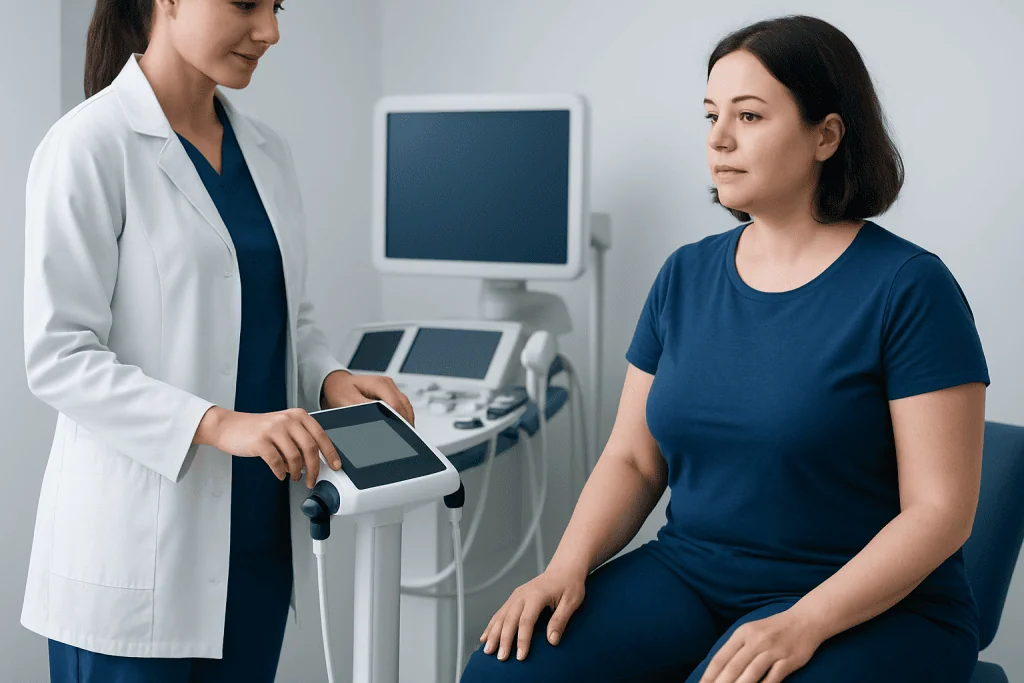 Doctor performing a medical examination on a woman patient in a clinical setting.