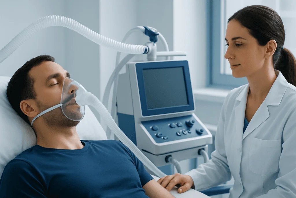 Patient undergoing respiratory therapy with medical staff monitoring equipment.