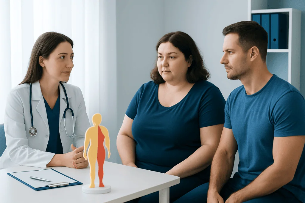 Doctor consulting with a patient about body composition and health.