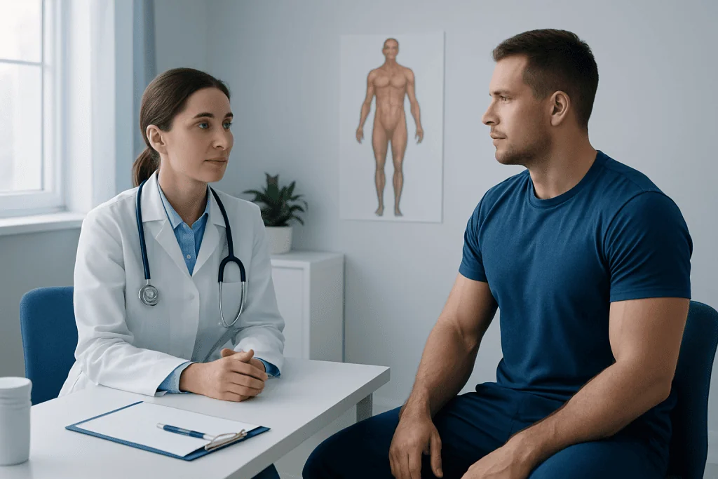 Doctor consulting with male patient in a medical office with human body diagram.