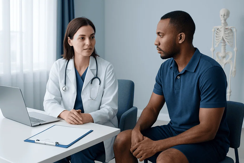 Doctor consulting with male patient in a medical office setting.