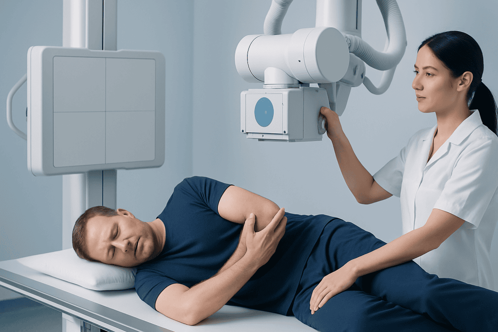 Patient undergoing X-ray examination for bone pain assessment.
