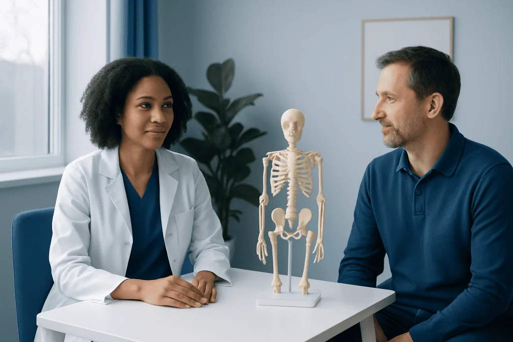 Doctor explaining skeletal system to patient in a medical consultation.