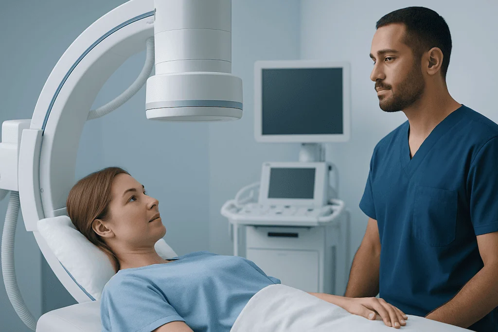 Medical professional discussing with patient during diagnostic imaging at Acibadem Hospital.