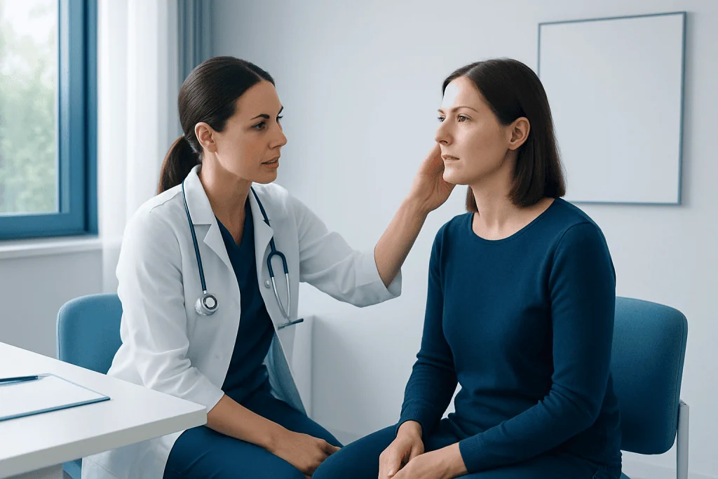 Doctor examining a woman's jaw in a medical consultation room.