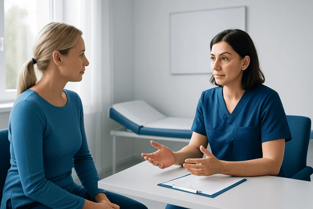 Doctor explaining Botox side effects to patient in consultation room.