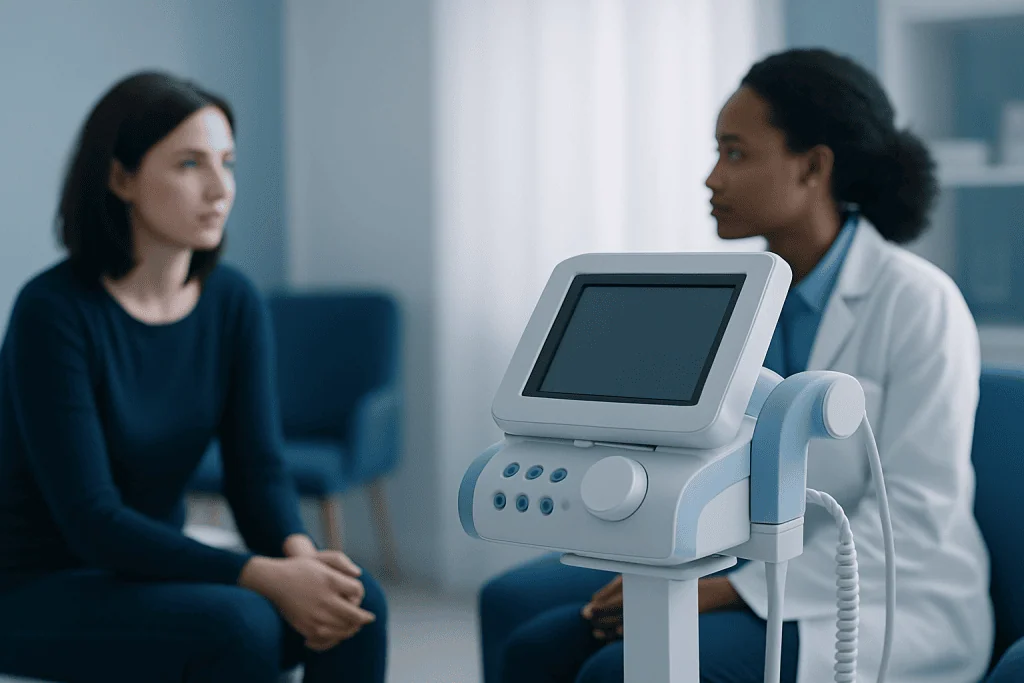 Doctor and patient during mental health consultation at a clinic.