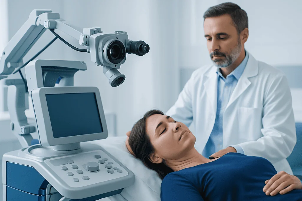Doctor performing Epley maneuver on patient in clinical setting.