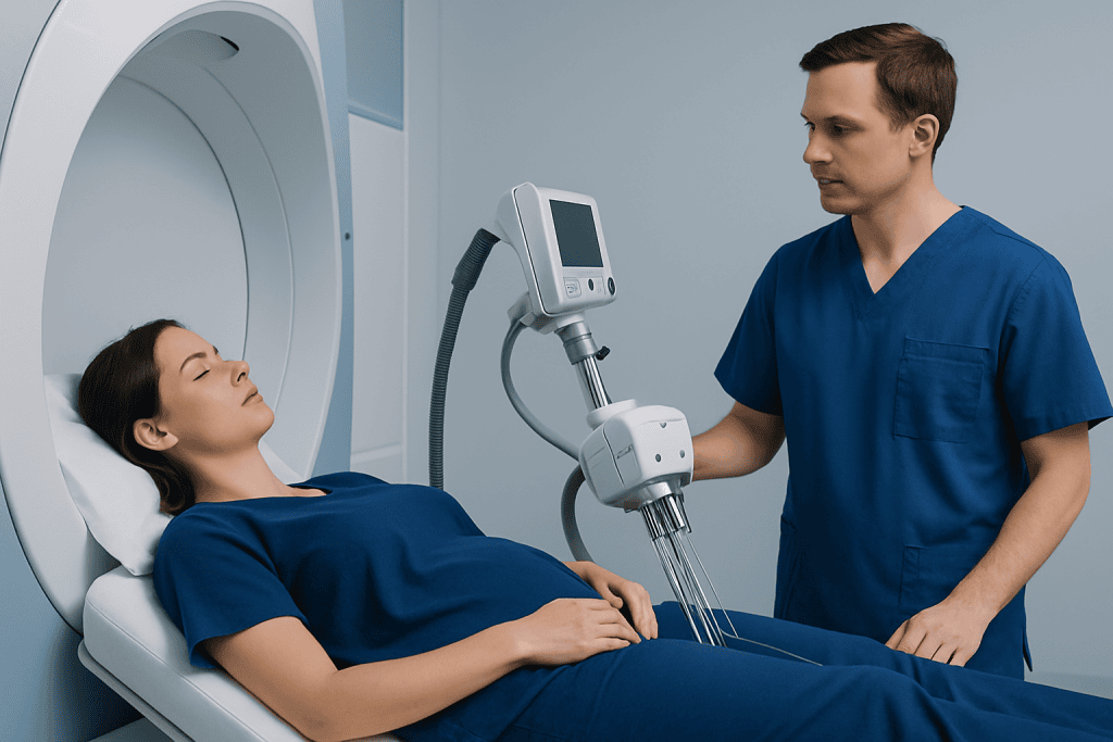 Patient undergoing brachytherapy treatment in a modern hospital setting.