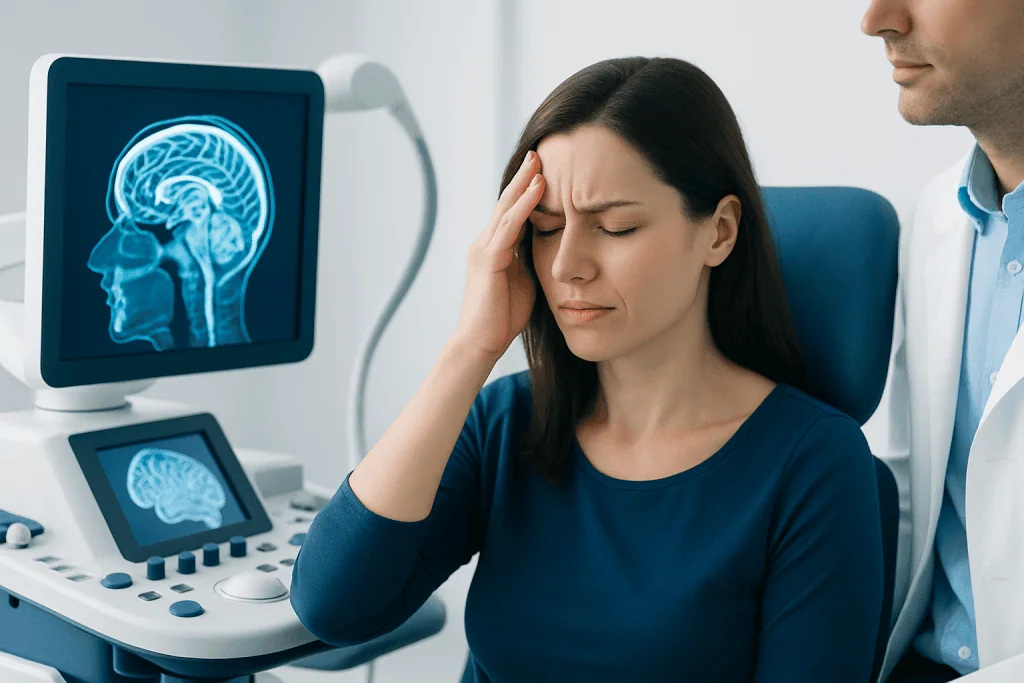 Woman with headache during brain scan consultation at Acibadem Hospital.