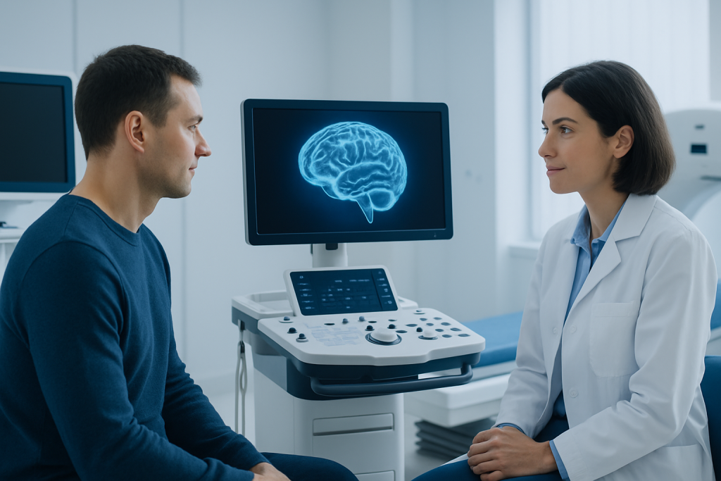 Doctor and patient discussing brain scan in a medical office.