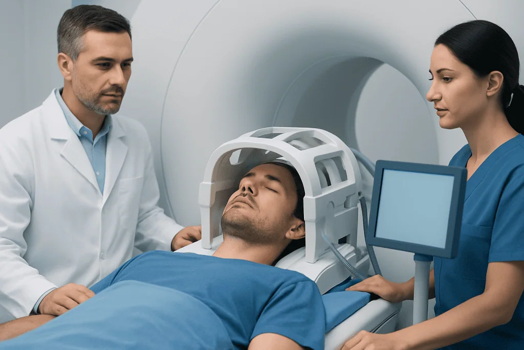 Patient undergoing brain scan in a hospital MRI machine with medical staff.