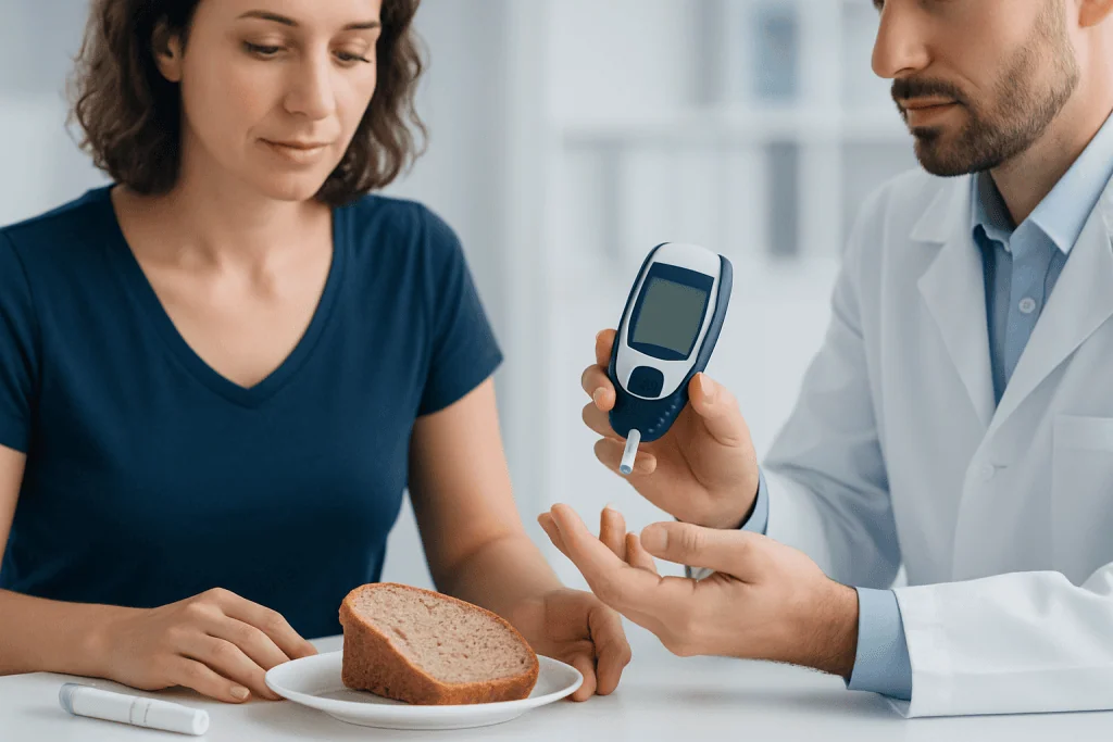 Doctor explaining blood sugar test to a patient with bread on the table.