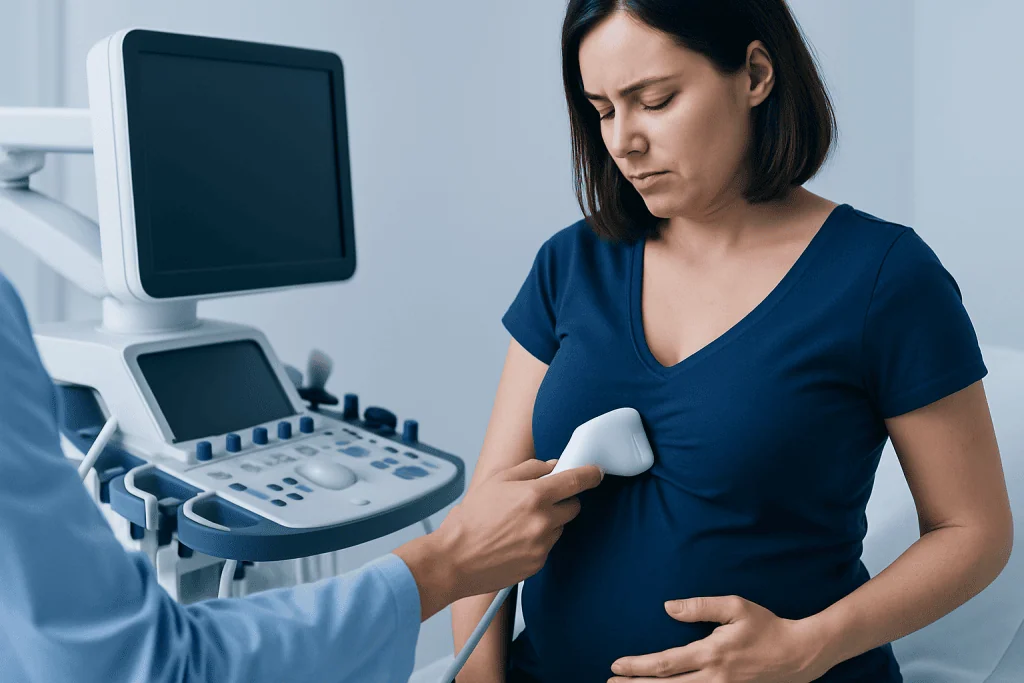 Pregnant woman undergoing ultrasound examination at hospital.