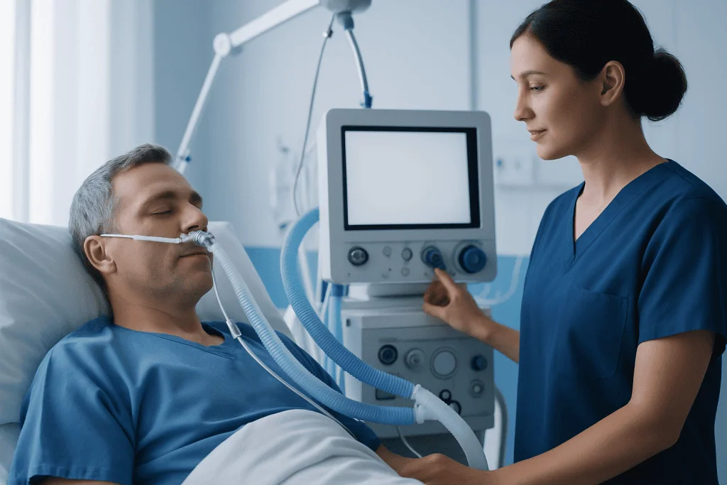 Hospital patient on ventilator with nurse monitoring vital signs.