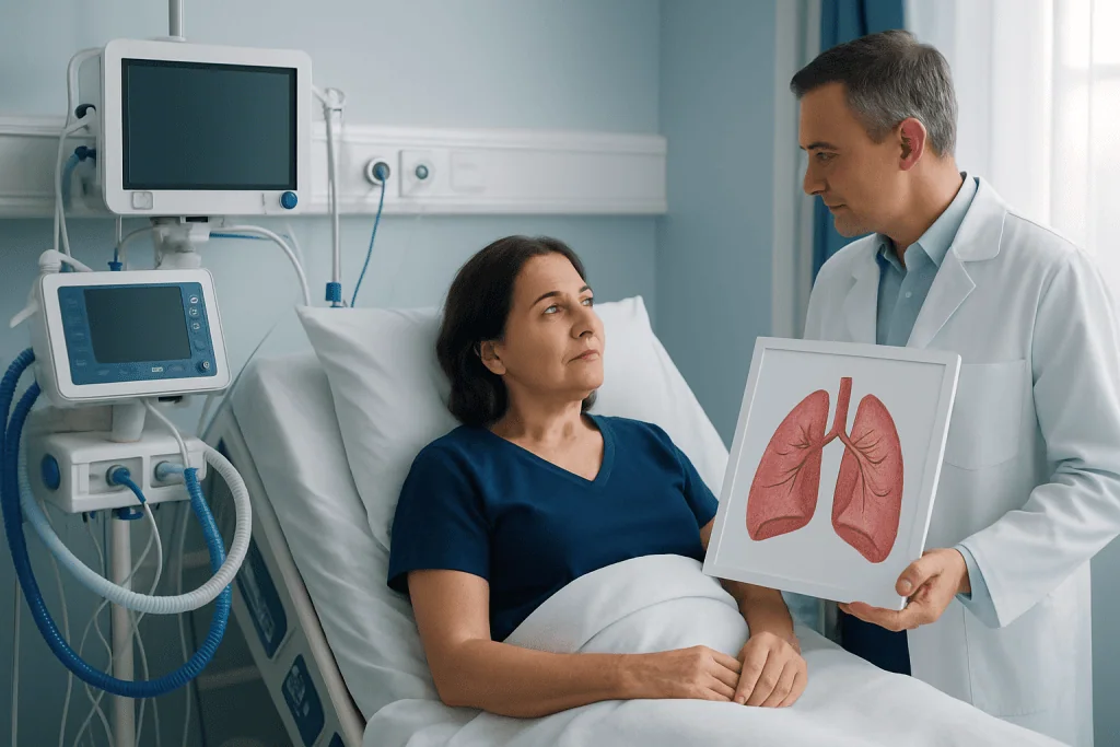 Doctor explaining lung diagram to patient in hospital room.