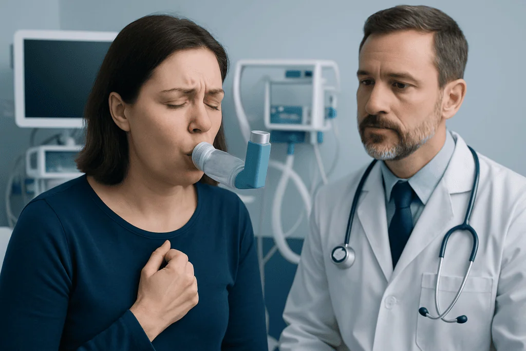 Patient undergoing spirometry test for respiratory assessment at hospital.