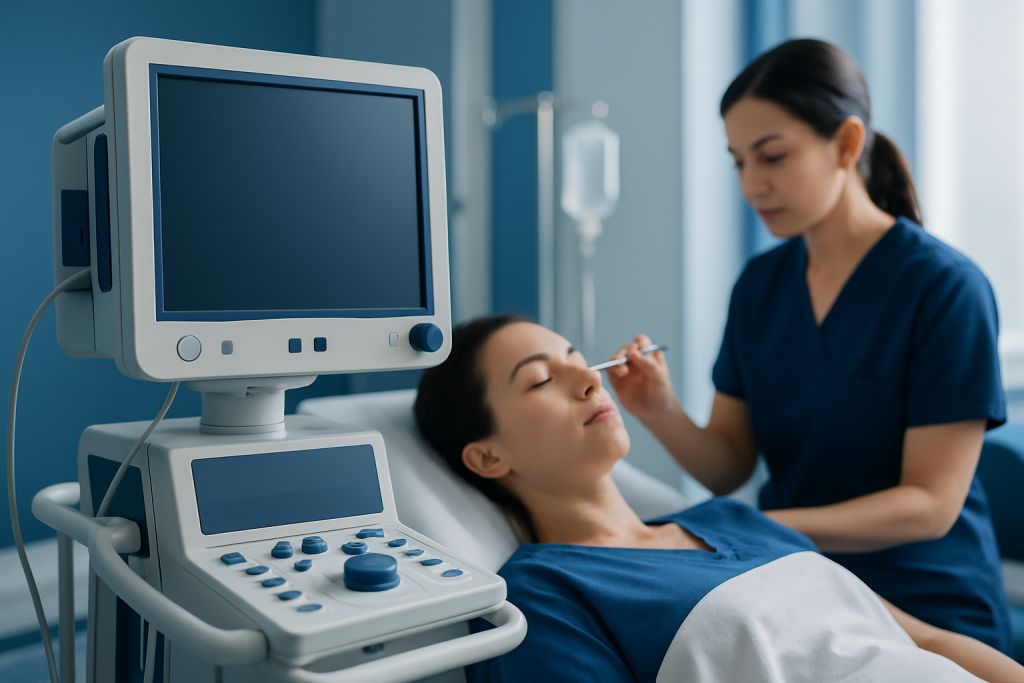 Medical professional performing a procedure on a patient in a hospital room.