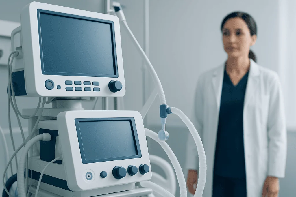 Medical ventilator machines in a hospital setting with a healthcare professional in the background.