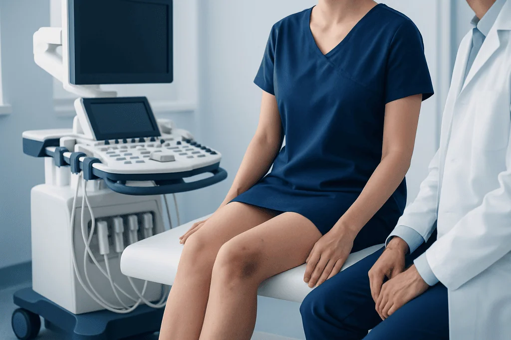 Medical examination of a patient with leg bruises at a hospital.