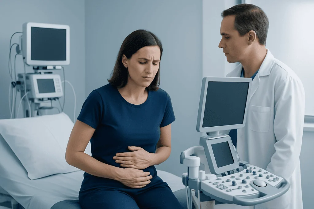Woman experiencing stomach pain during medical examination at hospital.