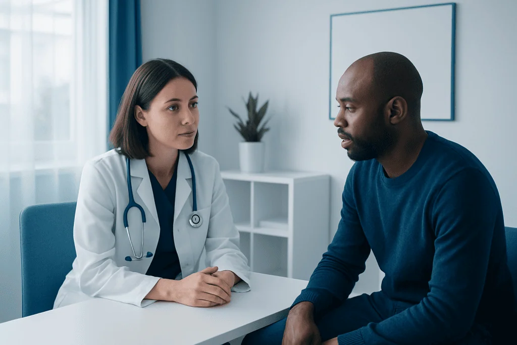 Doctor consulting with patient in a modern medical office.