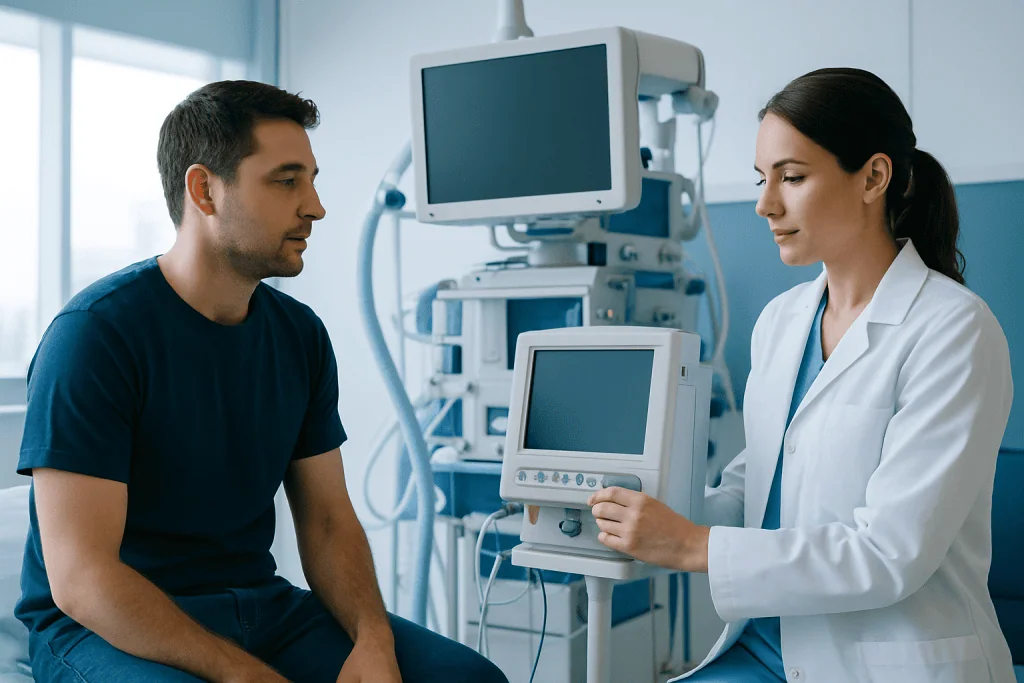 Doctor consulting patient in a hospital room with medical equipment.