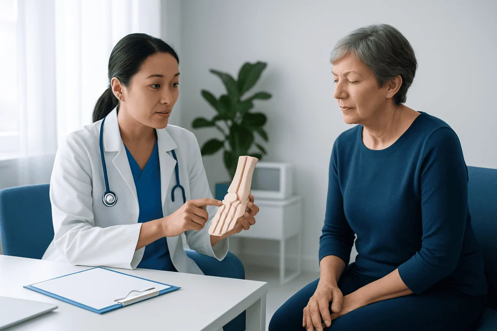 Doctor explaining bunion surgery to a patient with a model of a foot.