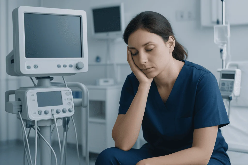 Young female nurse feeling exhausted in hospital setting.