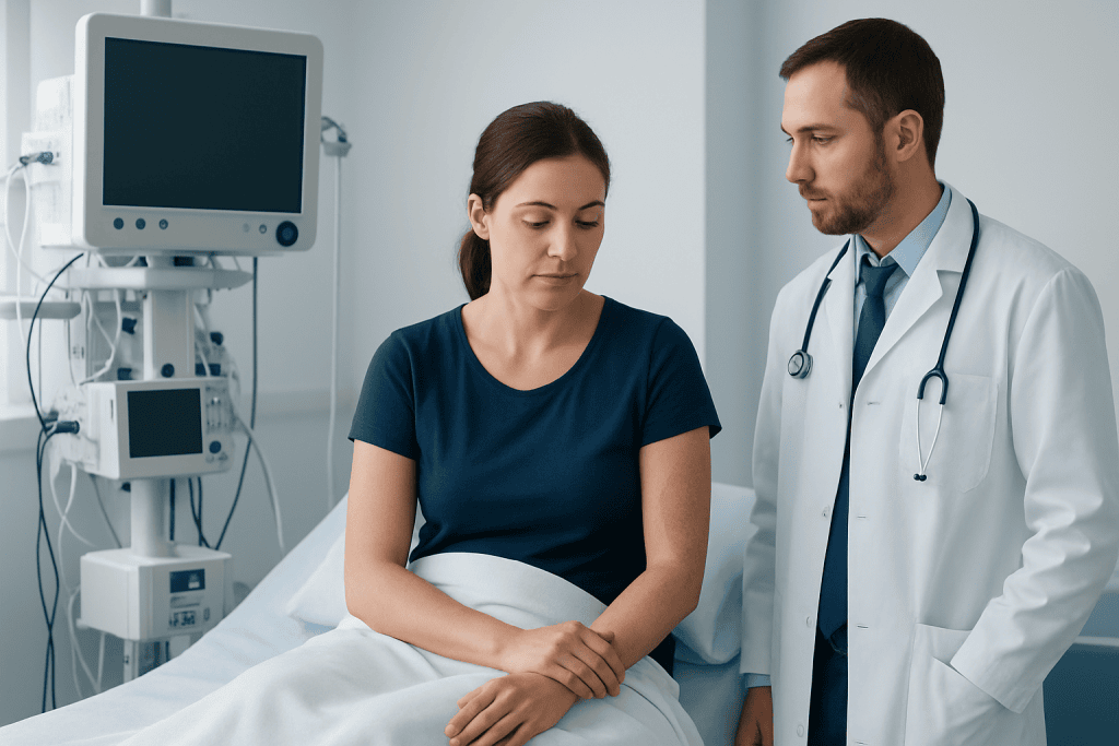 Doctor consulting with a female patient in a hospital room.