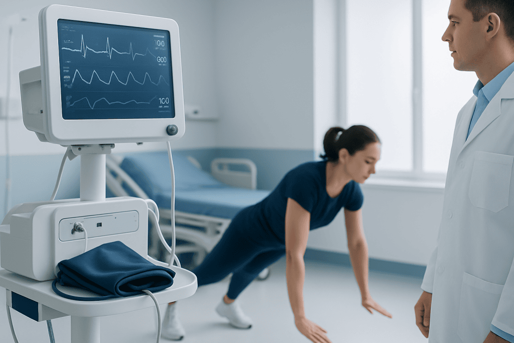 Medical professional monitoring patient during exercise test at Acibadem Hospital.