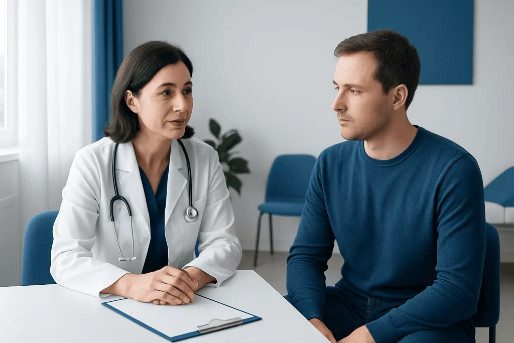 Doctor consulting with a patient in a medical office setting.
