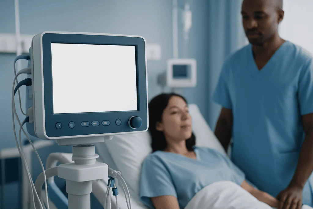 Hospital monitor and healthcare professionals with patient in hospital bed.