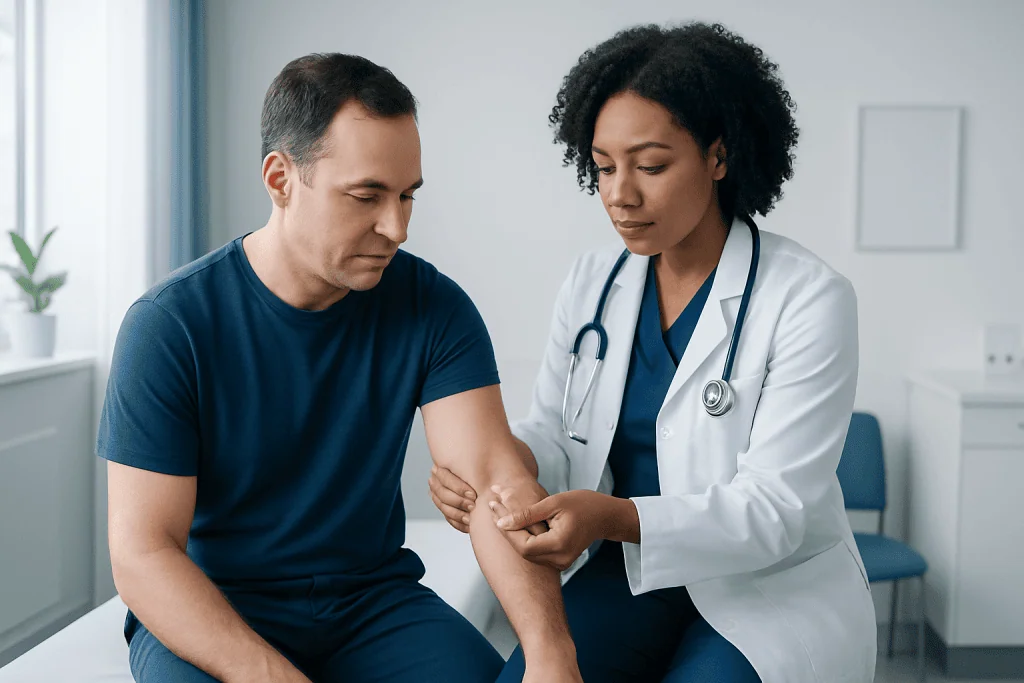 Doctor examining patient's arm in a medical consultation room.
