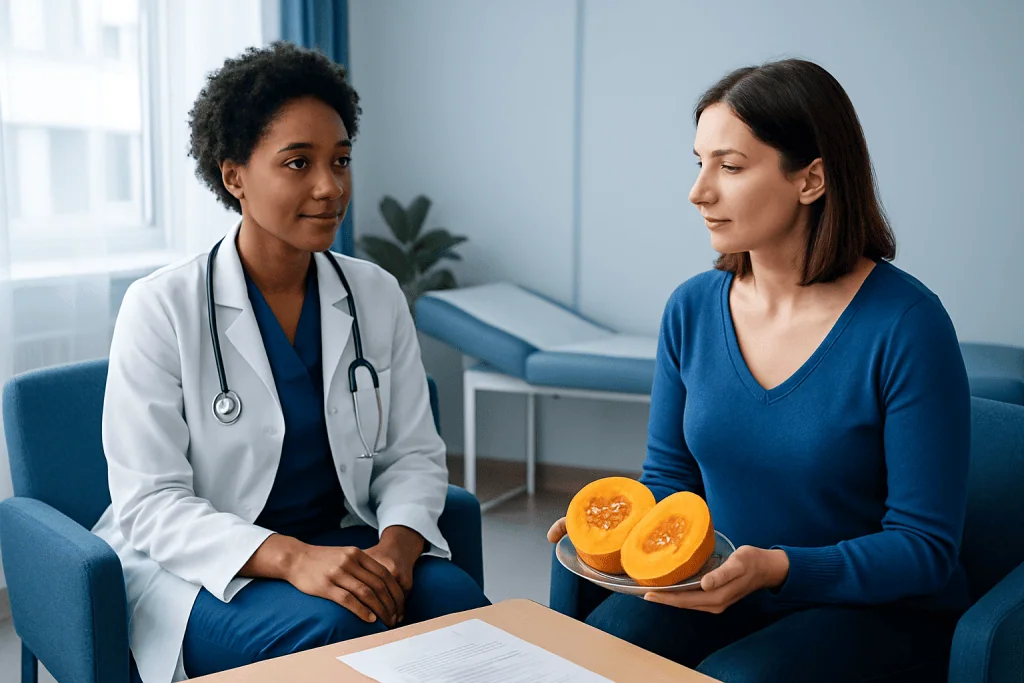 Doctor explaining nutritional benefits of butternut pumpkin to patient.