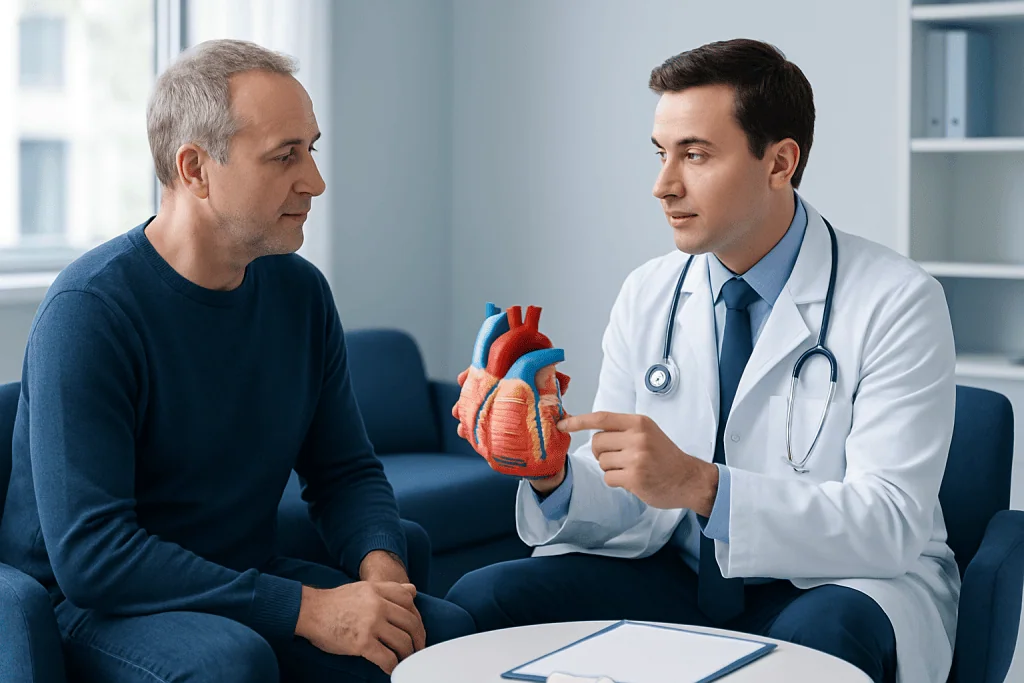 Cardiologist explaining heart anatomy to patient in consultation room.