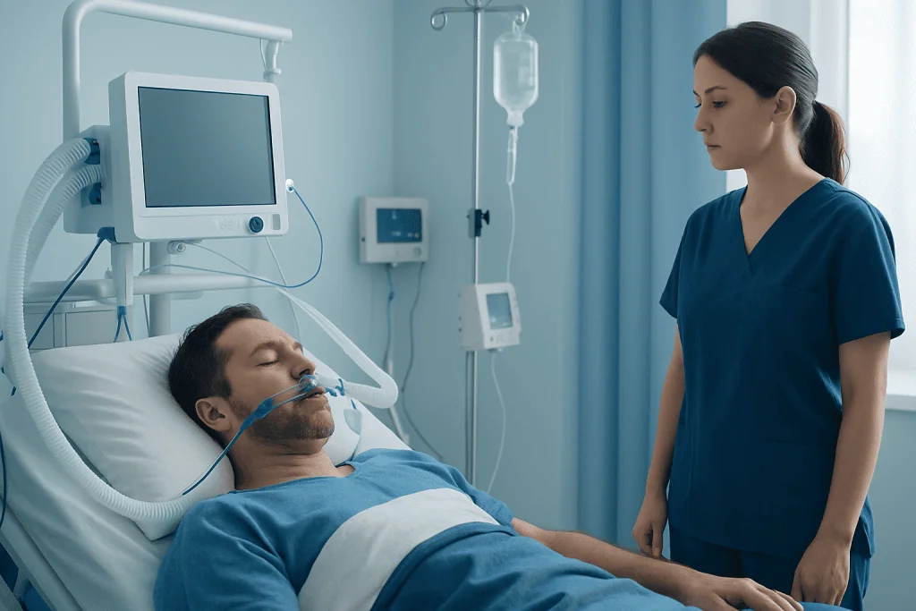 Hospital patient on ventilator with nurse in ICU setting.