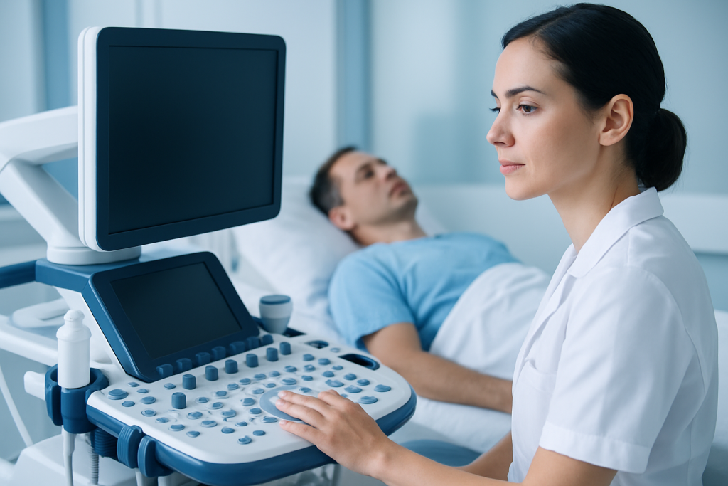 Medical professional performing an ultrasound on a patient in a hospital room.