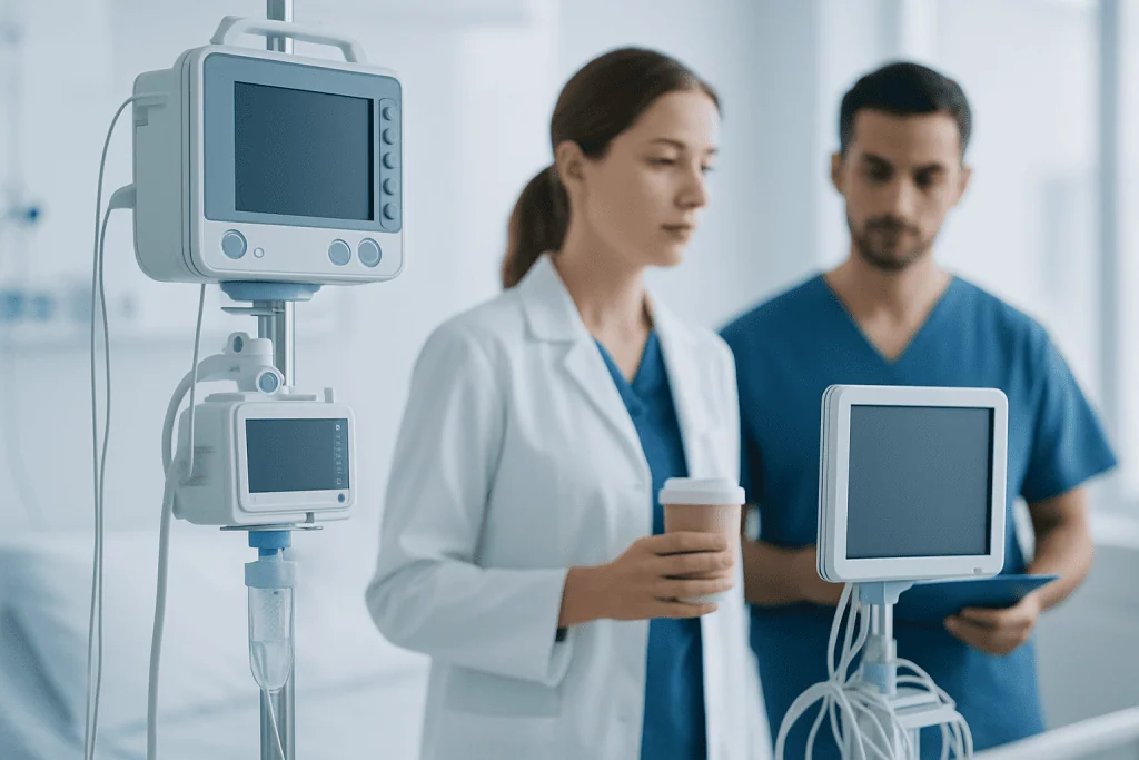 Medical professionals in a hospital with monitoring equipment and a patient.