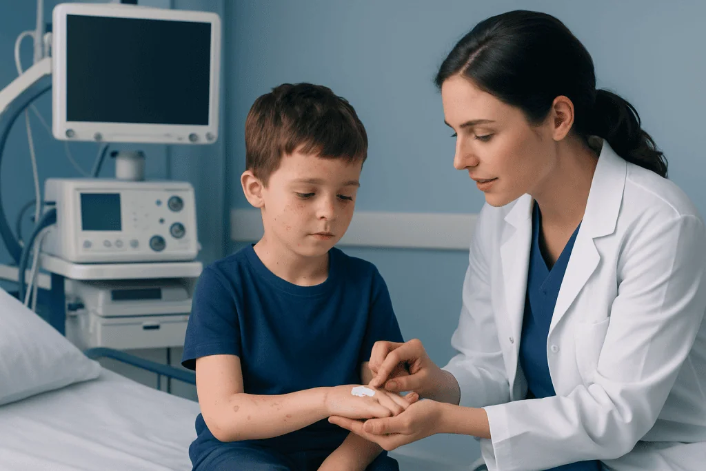 Doctor examining a child's arm in a hospital room with medical equipment.
