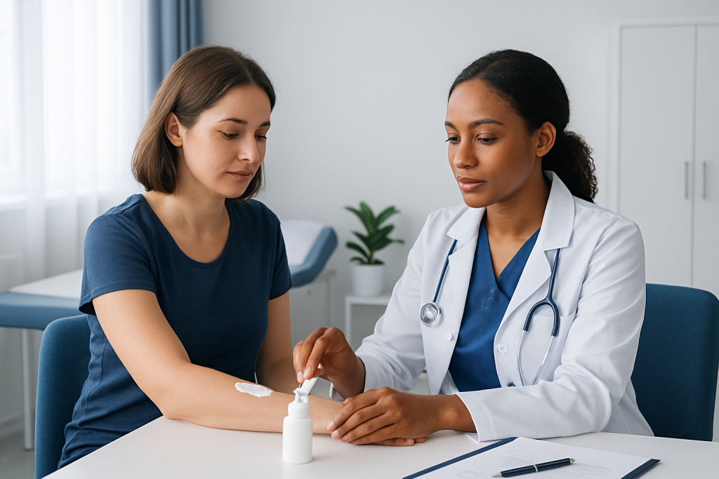 Doctor applying calamine lotion to patient's arm in a clinic setting.