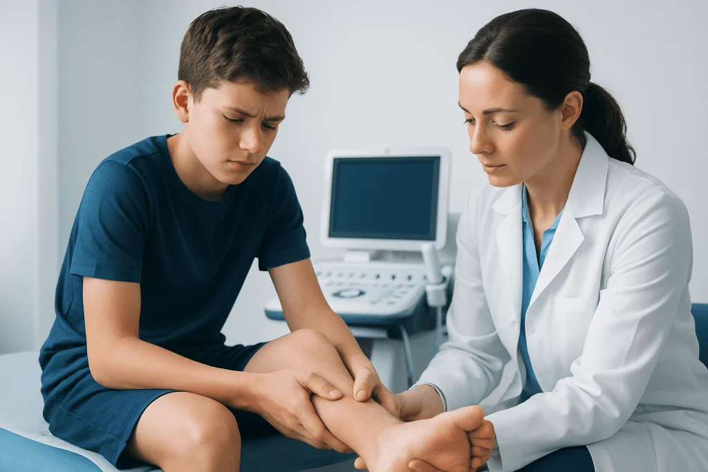 Doctor examining a young boy's ankle in a clinical setting.