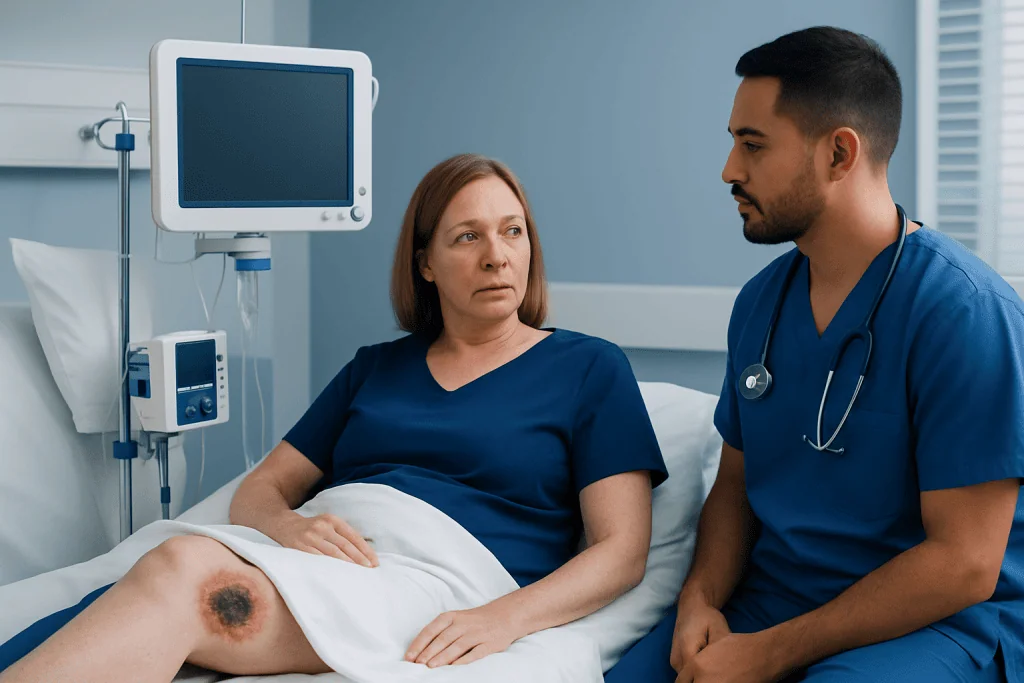 Patient with leg wound consulting a doctor in hospital.