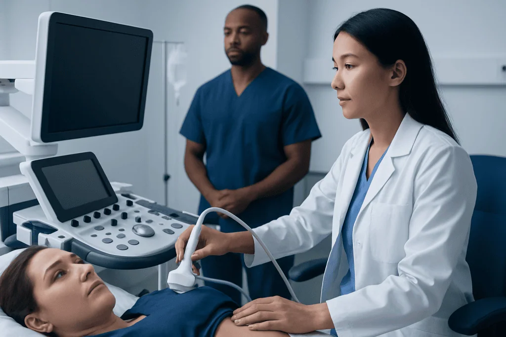 Medical professionals performing an ultrasound on a patient in a hospital room.